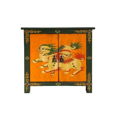 Tibetan Oriental Green Orange Foo Dogs End Table Nightstand cs7170E 