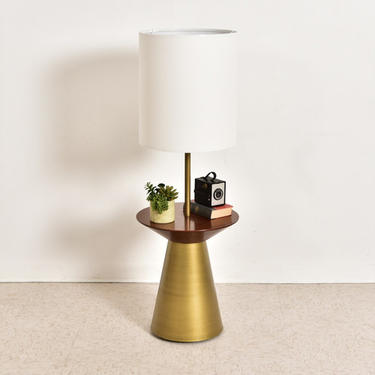 Modern Gold &amp; Wood Floor Lamp &amp; Side Table 