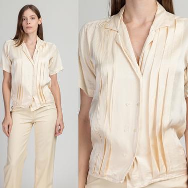 Vintage Ivory Silk Blouse - Extra Small | 80s 90s Double Breasted Button Up Short Sleeve Top 