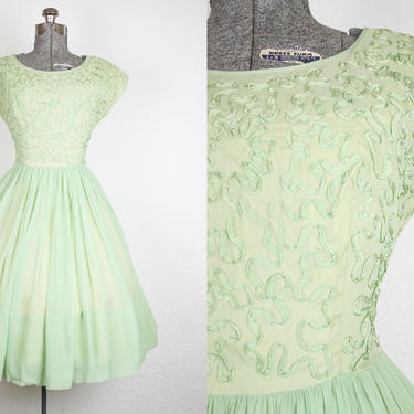 1950's Green Chiffon Party Dress / Size Small 