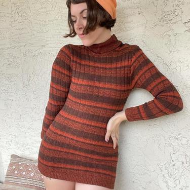 70s mod micro mini burnt orange striped turtleneck dress 