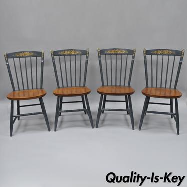 Set of 4 Blue Vtg L. Hitchcock Maple Wood Dining Chairs Harvest Paint Stencil