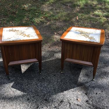 pair tile top wooden mid century end tables