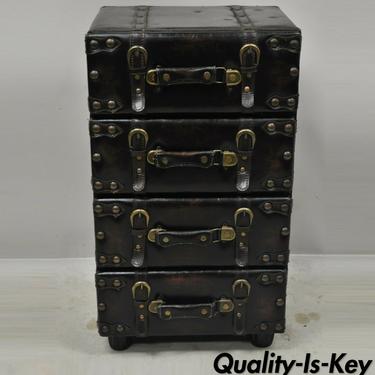 Wood and Faux Leather Four Drawer Trunk Nightstand Side Table Chest of Drawers