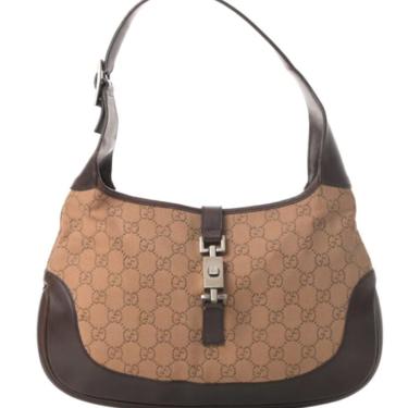 Vintage GUCCI GG Monogram Brown Leather Jackie O Satchel Evening Shoulder Hobo Handbag Bag Purse 