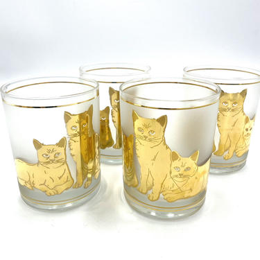 Culver Vintage Frosted 22K Gold Cat Glasses, Low Ball Tumblers, 12 oz, Set of 4, Mid Century Barware, Cats, Old Fashioned Glass, Glassware 