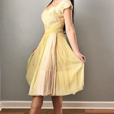 Vintage 50s Yellow Lace Silk Chiffon Fit and Flare Dress 
