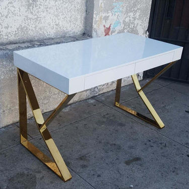 White double drawer lacquered desk w/brass legs 