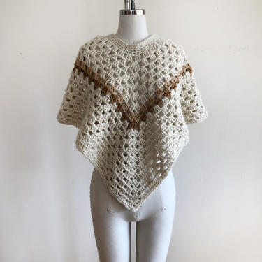 Beige/Tan Crochet Shawl/Poncho - 1970s 