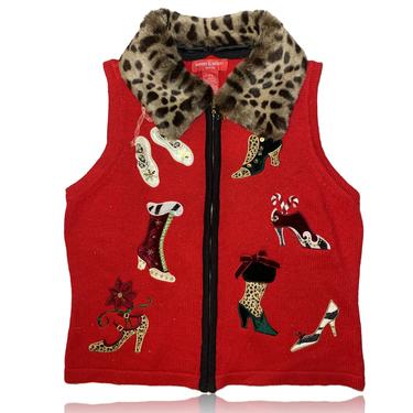 90s Leopard Faux Fur Neck Christmas Sweater Vest // Ugly Christmas Sweater Party Holiday Sweater/ Size Small 