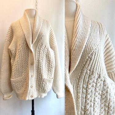 Vintage CHUNKY HANDKNIT Grandpa Cardigan Sweater / SHELL Buttons + Pockets + Shawl Collar + Ribbed + Cabled 