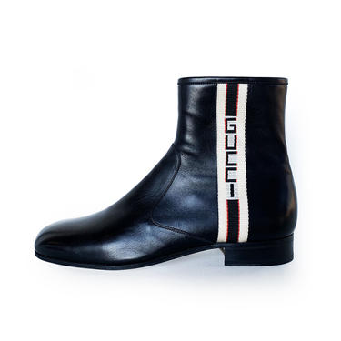 GUCCI BLACK GUCCI STRIPE LEATHER ZIP UP BOOTS