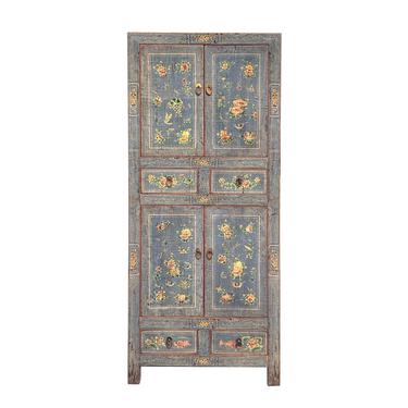 Chinese Oriental Gray Blue Flower Birds Graphic Slim Storage Cupboard Cabinet cs6909E 