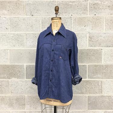 Vintage Button-down Retro 1970s GWG Union Made + Size XL + Pre-Shrunk + Chambray  + Cotton + Long Sleeve + Pointed Collar + Unisex Apparel 
