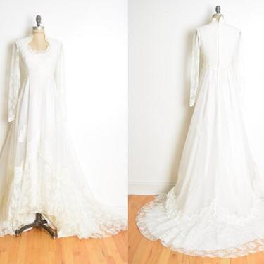 vintage 70s wedding dress white lace train hippie boho long maxi bridal S clothing 