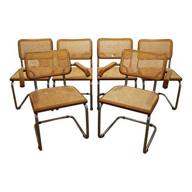 Set of 6 Mid-Century Danish Modern Marcel Breuer Style Caned Dining Chairs 