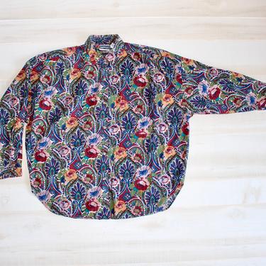 Vintage 80s Floral Blouse, 1980s Cottagecore Top, Rose Print, Collared, Button Down, Dolman Sleeve, Boho 