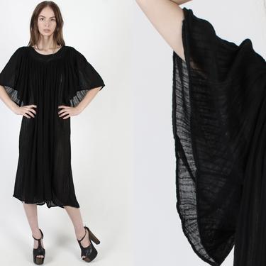 Black Sheer Cotton Gauze Maxi Dress / Vintage Mexican Kimono Angel Bell Sleeves / See Through Sun Vacation Cover Up Caftan Beach Dress 