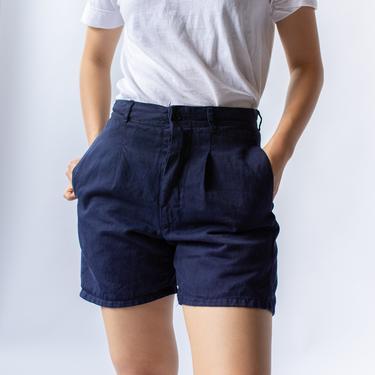 Vintage 25 26 27 28 Waist Navy Blue Pleat Shorts | French Workwear style | 