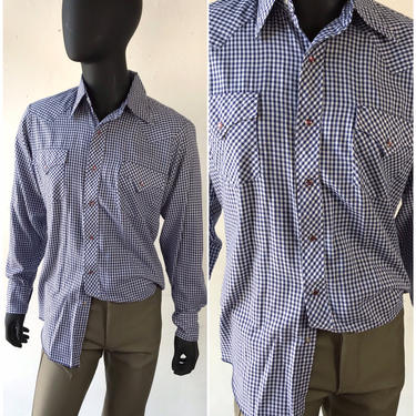 Vtg 70s Dickson-Jenkins Blue White Gingham Western Pearl Snap Shirt / Size 46 Chest / XL 