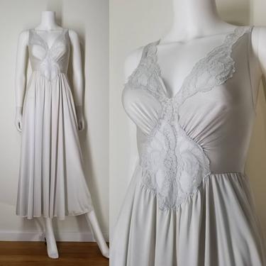 Vintage 80s Silver White Olga Nightgown Lingerie ~ Mid- Length Nylon Nightgown ~ Sz. Large/XL ~ Plunging Lace Bust Regency Bridal Nightgown 