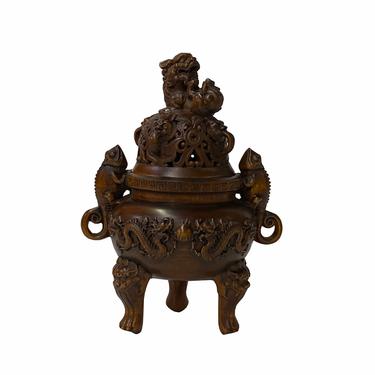 Chinese Oriental Wood Foo Dogs Carving Ding Incense Holder ws1755E 