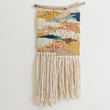 Wall Weaving / Hanging - Batik Print Fabric - Woven Tapestry -Mustard, Mint, Beige - Boho Fiber Art - Handwoven Weave - Natural Stick 