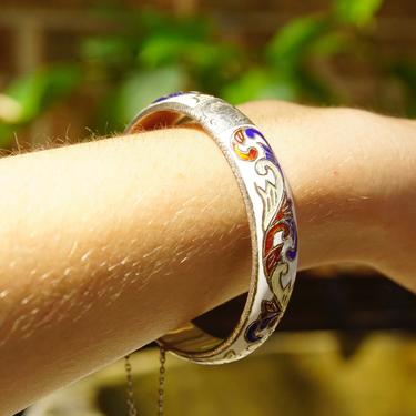 Vintage Siam Sterling Silver Enamel Hinge Bangle, Colorful Bangle With Engraved Designs, White, Red, Blue, Slide Clasp, Security Chain, 925 