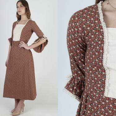 Brown Calico Tiny Floral Dress / Frontier Country Inspired Western Dress / Vintage Womens 70s Folk Saloon Midi Maxi Dress 