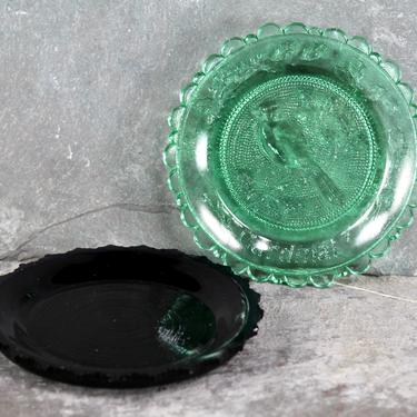 Set of 2 Pairpoint Colored Glass Coasters - Cardinal Design - Green Glass and Deep Amethyst Glass - Small Pairpoint Plates 