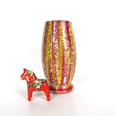 Mid Century Modern Vase From Italy, Vintage Modern Striped Pottery Vase, Red And Yellow Textural Vase, Bittosi Style 