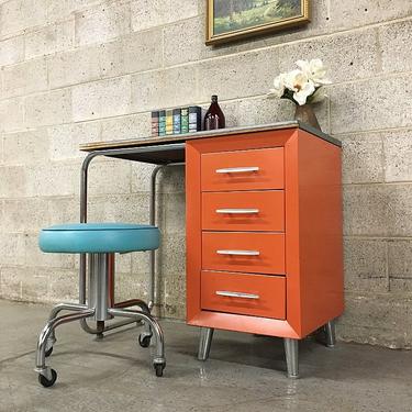 Vintage Metal Desk and Chair Retro Mid Century Modern Orange Black and Light Blue Home Office Furniture LOCAL PICKUP ONLY 