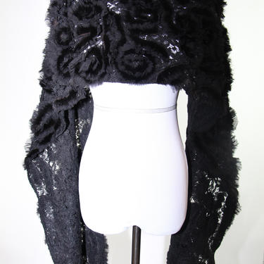 Couture Black French Lace Mink Shawl Stole Rose Flower Pattern Neiman &amp; Marcus 