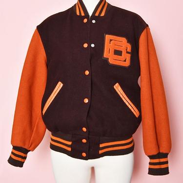 50's Vintage Bowling Green State University Wool Letterman Jacket, College Varsity Coat, BG, Orange & Brown Leather 1950's, 1960's, Ohio 
