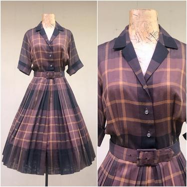 Vintage 1950s Plaid Cotton Shirtwaist Dress, 50s Brown Black Norman Wiatt Short Sleeve Frock with Full Pleated Skirt, Small to Medium 