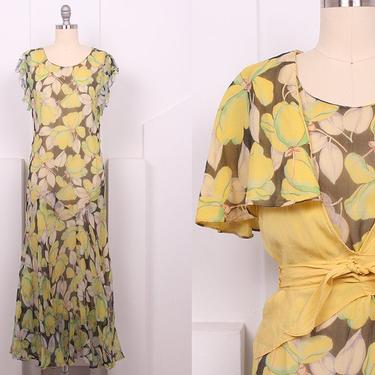 Vintage 1930's Yellow Floral Print Dress Set • 30's Floral Silk Long Dress &amp; Jacket Set • Size S/M 