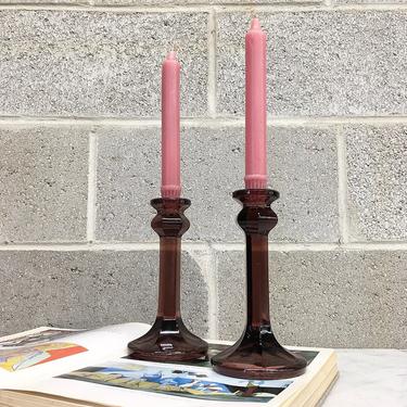 Vintage Candlestick Holders Retro 1980s Contemporary + Clear + Dark Purple + Set of 2 Matching + Candle Holder + Home and Table Decor 