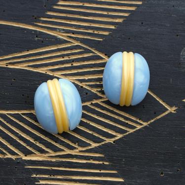 Vintage 1980s Art Deco Earrings - Blue &amp; Yellow Pearlized Plastic Statement Earrings 