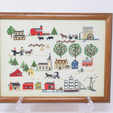 Vintage Colonial/City Needlepoint Wall Hanging 