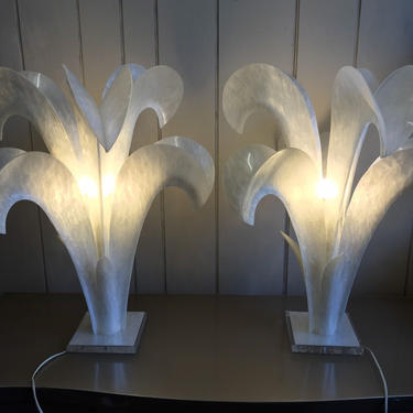 Pair of Rougier style white marbled acrylic table lamps 