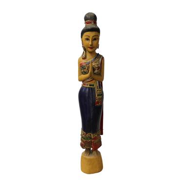 Hand Carved Solid Wood Standing Tribal Style Prayer Greeting Lady Figure n272E 