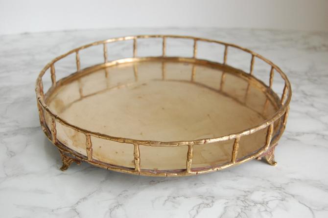 Brass Bamboo Round Tray - Faux Bamboo Tray - Vintage