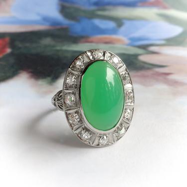 Vintage Art Deco 1930's 4.28ct.tw. Green Chrysoprase Diamond Halo Ring 18k White Gold 