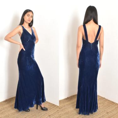 Vintage 1930s Dress / 30s Bias Cut Silk Velvet Gown / Sapphire Blue ( S M ) 