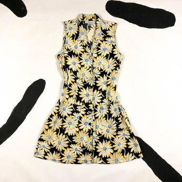 90s Daisy Print Button Front Shirt Dress / Sleeveless / Pockets / Floral / R Wear / Size 7 / Medium / Rayon / Grunge / 1990s / Yellow / M 