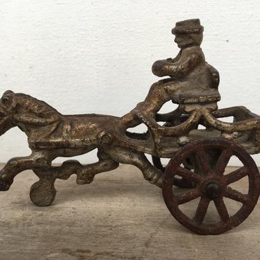 Antique Horse Drawn Wagon, Cast Iron Toy Man Riding In Wagon Pulled By Trotting Horse 