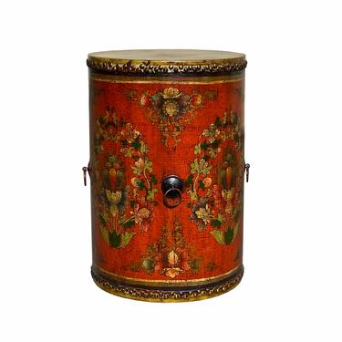 Distressed Chinese Tibetan Drum Shape Orange Red Floral Side Table cs7133E 