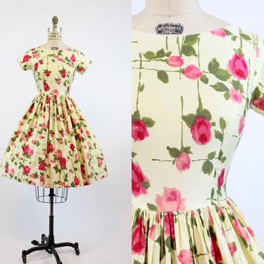 1950s rose print cotton dress xs | vintage floral print | new in 