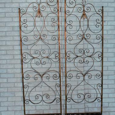 Antique French Colonial Gilded Hand Forged Wrought Iron Planter Mounted Garden Gates/Room Dividers - Pair 