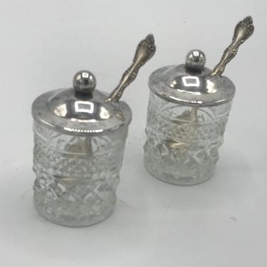 Vintage Pair of  Lidded Condiment Jars with pretty Diamond Wexford Glass design and Silver Plated  Spoons 
